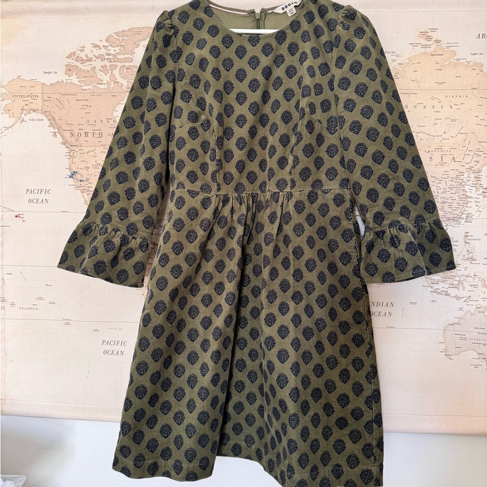 Boden Green and Black A-Line Dress with Bell Sleeves